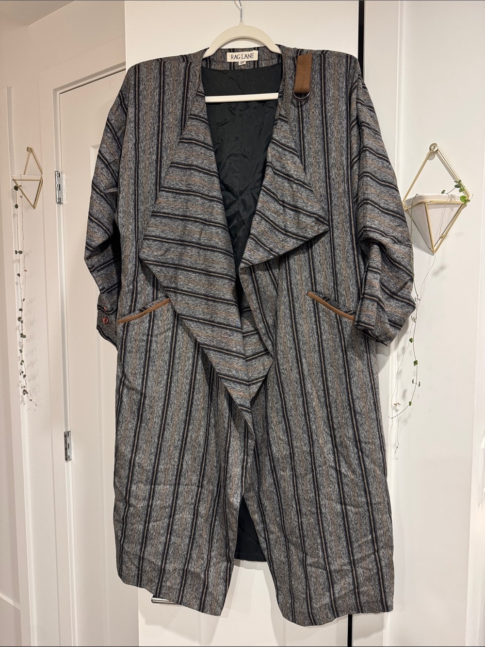 Vintage Raglan Striped Drape Front Coat - Gray